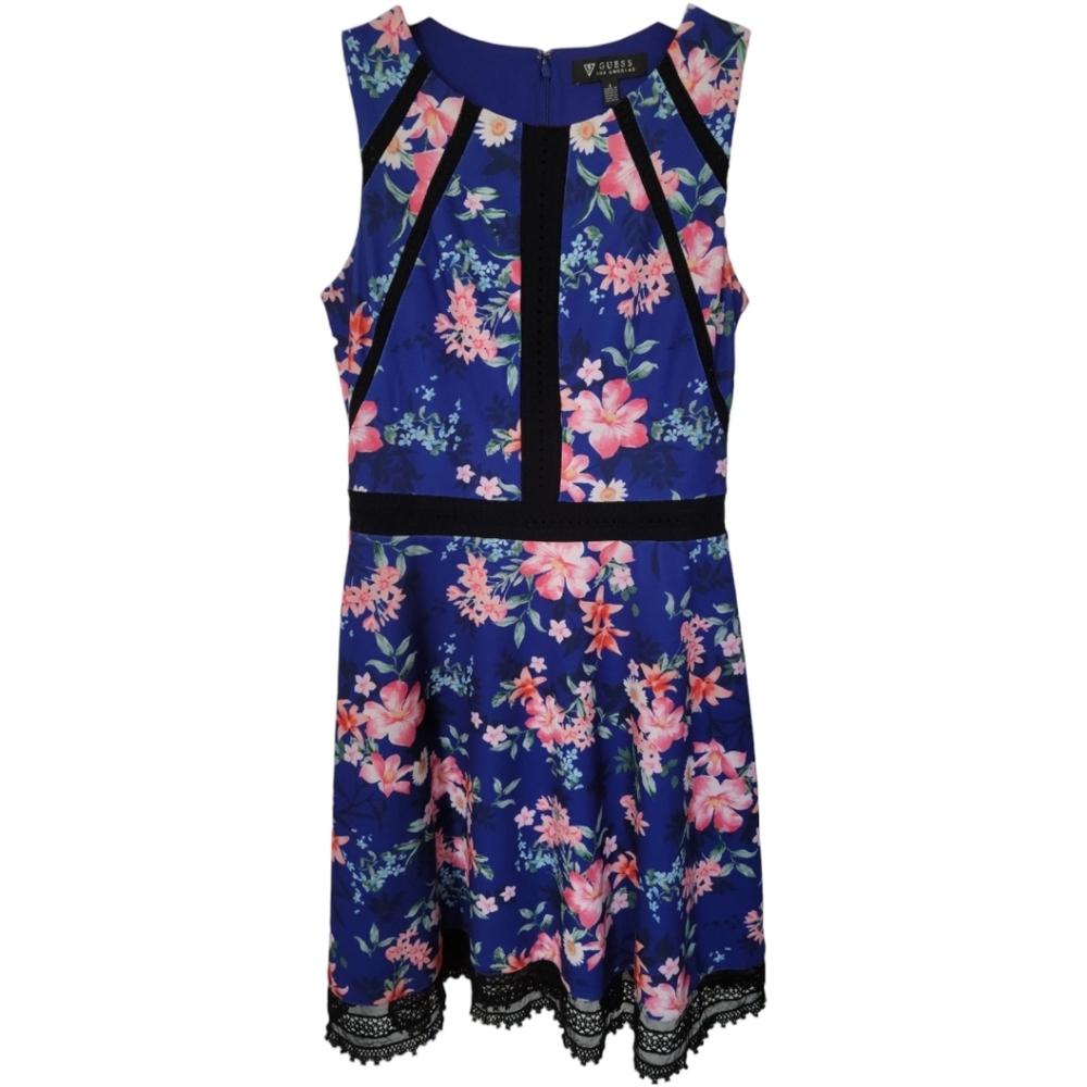 Guess A-line Floral Sleeveless Dress, Blue Pink Black Lace, Womens Size 4